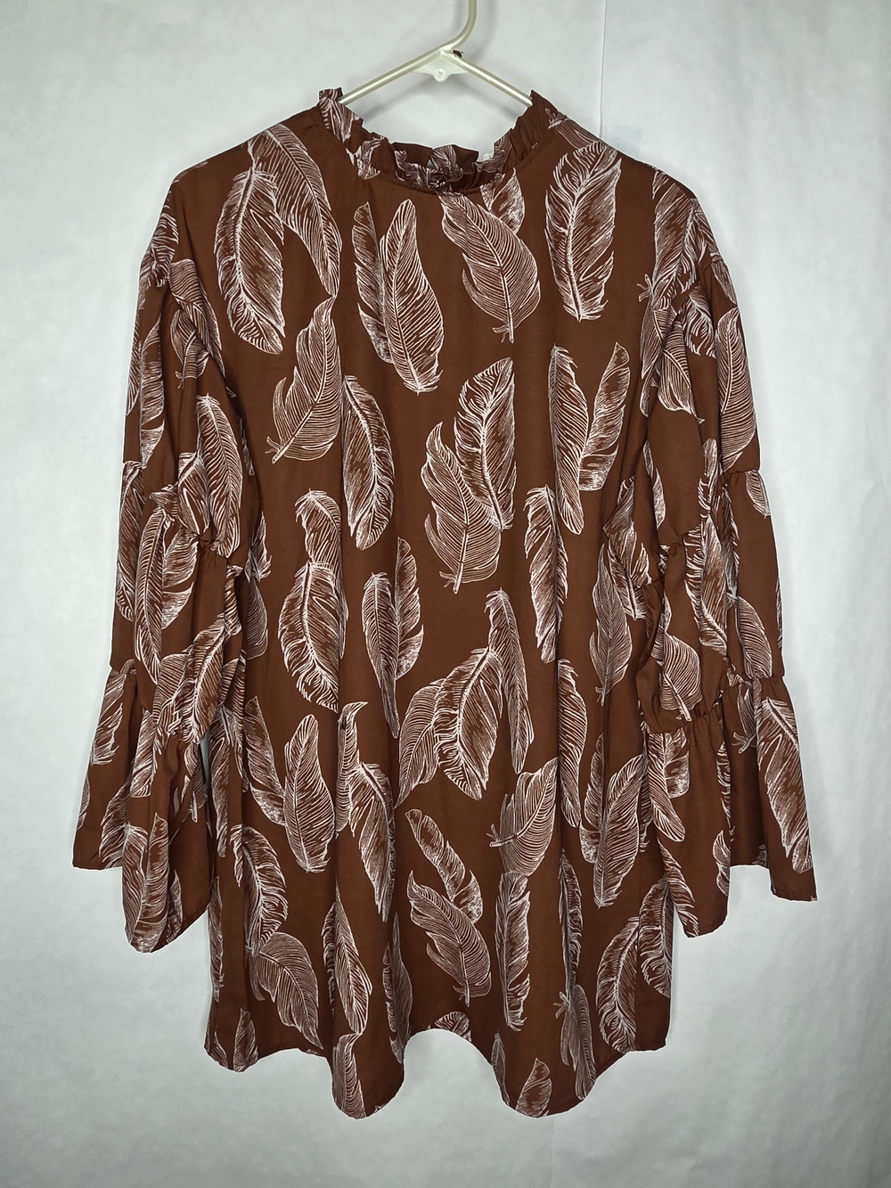 Long Sleeve Feather Print Brown Tunic